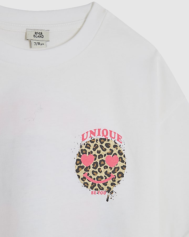 Girls White Leopard Smiley Face T-Shirt