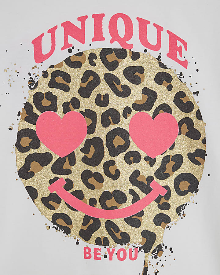 Girls White Leopard Smiley Face T-Shirt