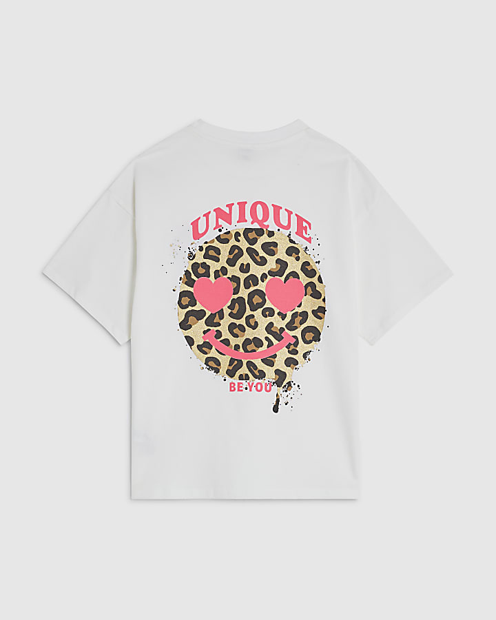 Girls White Leopard Smiley Face T-Shirt