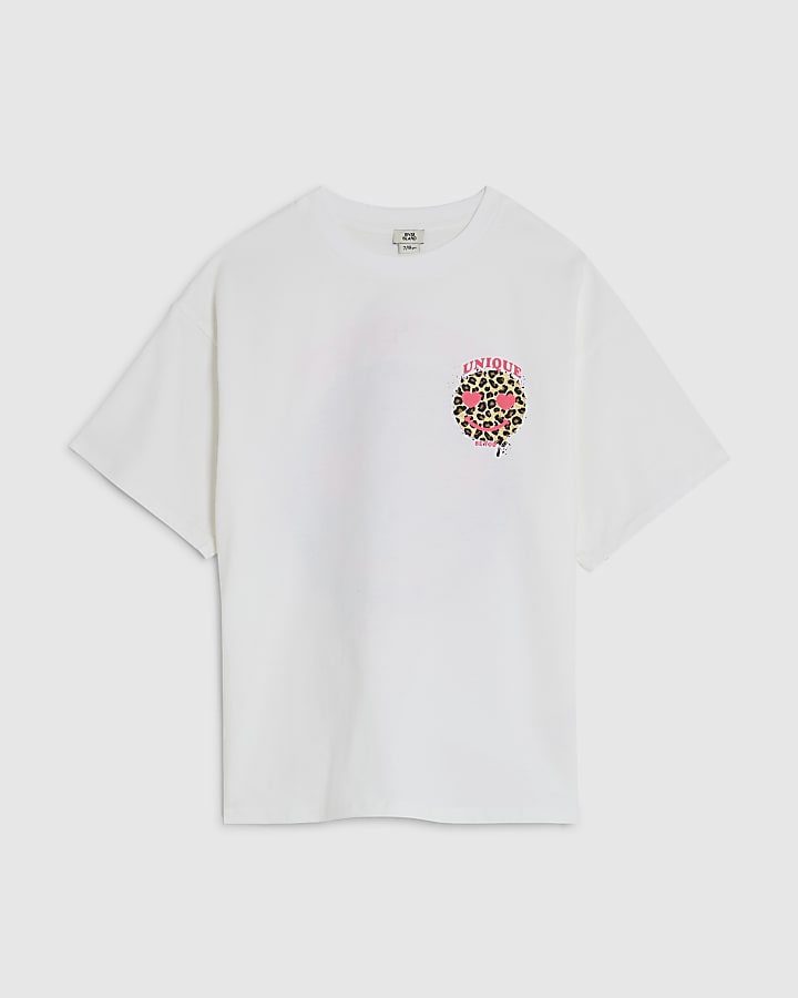 Girls White Leopard Smiley Face T-Shirt