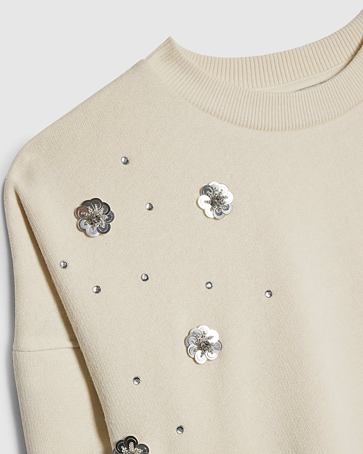 Girls Cream Hybrid Poplin Sequin Sweatshirt