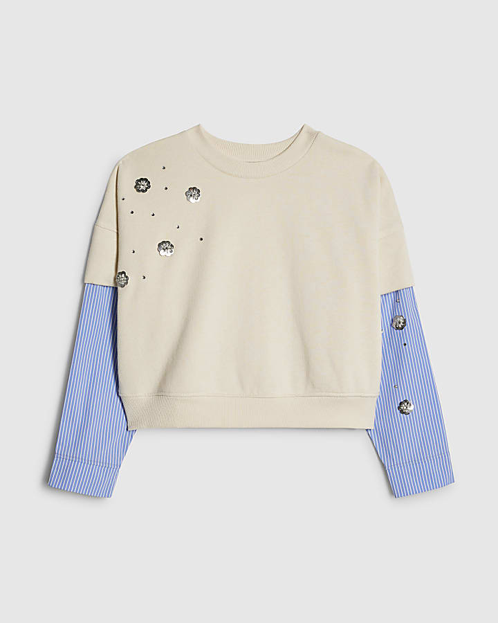 Girls Cream Hybrid Poplin Sequin Sweatshirt