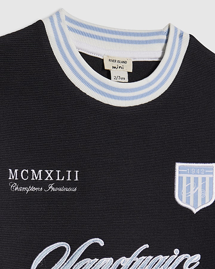 Mini Boys Navy Football Rib T-shirt