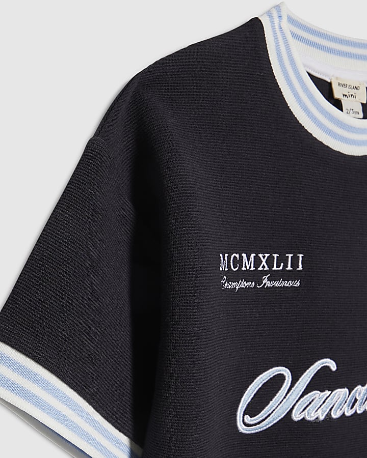 Mini Boys Navy Football Rib T-shirt