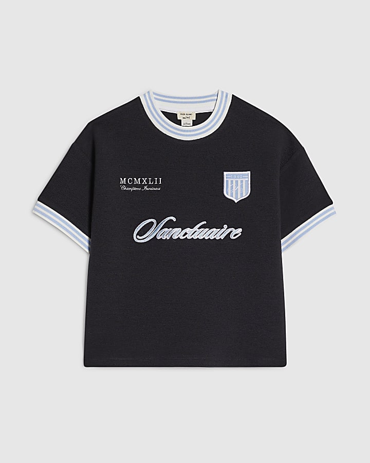 Mini Boys Navy Football Rib T-shirt