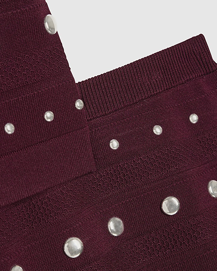 Girls Red Knitted Studded Skirt Set