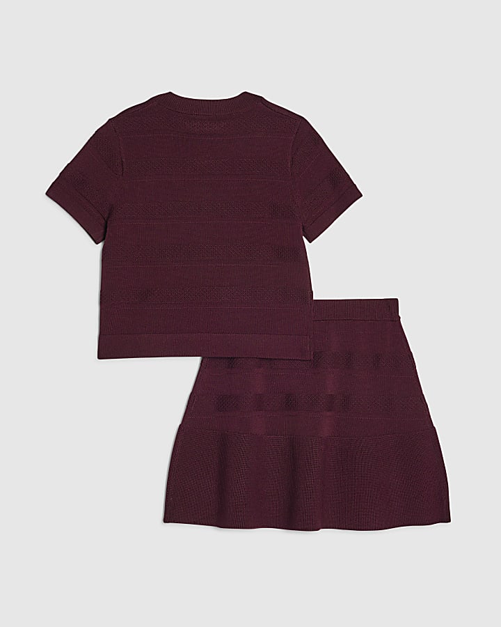 Girls Red Knitted Studded Skirt Set
