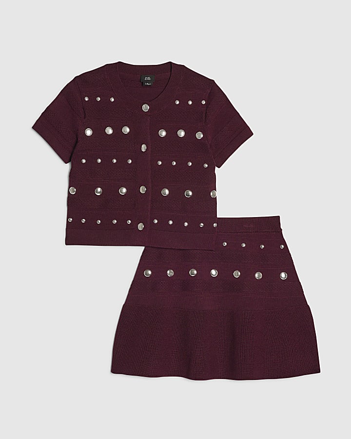 Girls Red Knitted Studded Skirt Set