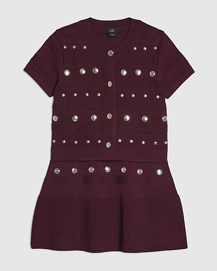 Girls Red Knitted Studded Skirt Set