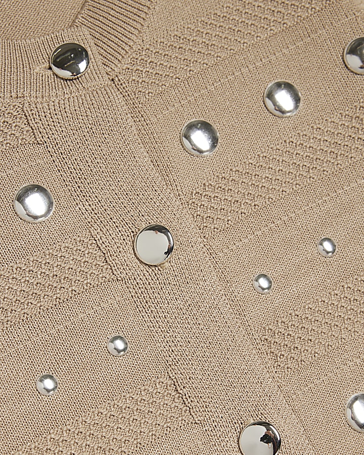 Girls Beige Knitted Studded Skirt Set