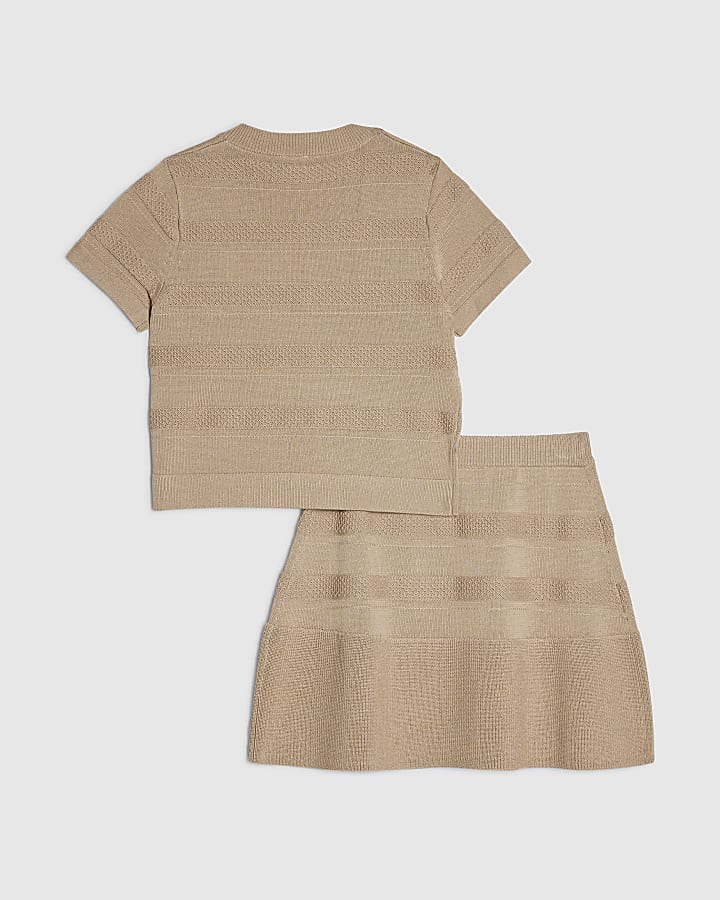 Girls Beige Knitted Studded Skirt Set