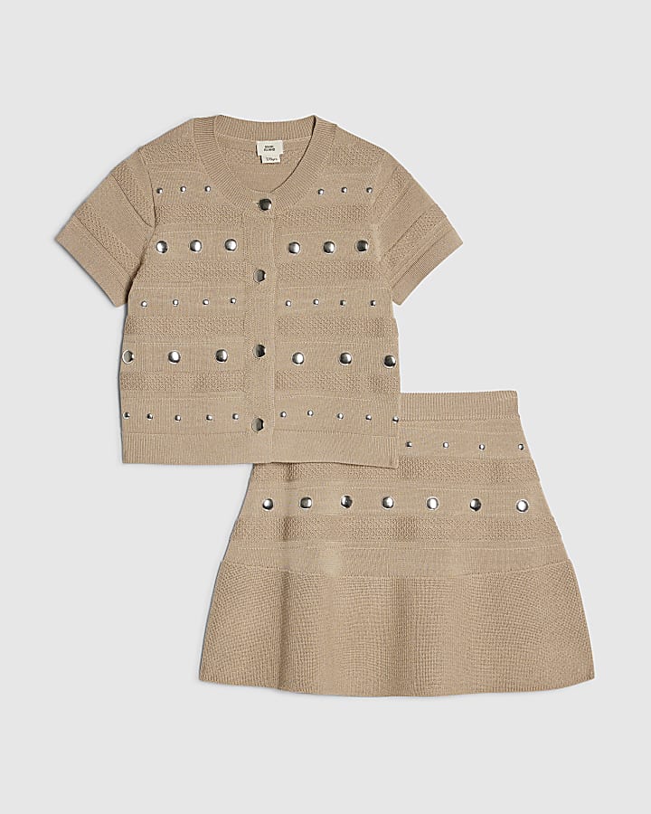 Girls Beige Knitted Studded Skirt Set