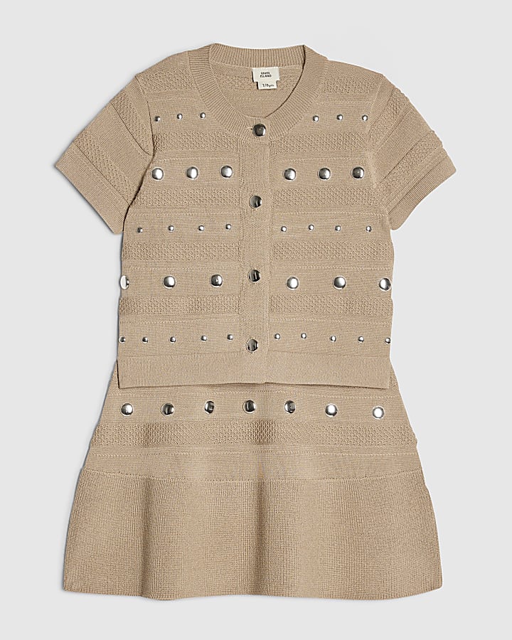 Girls Beige Knitted Studded Skirt Set