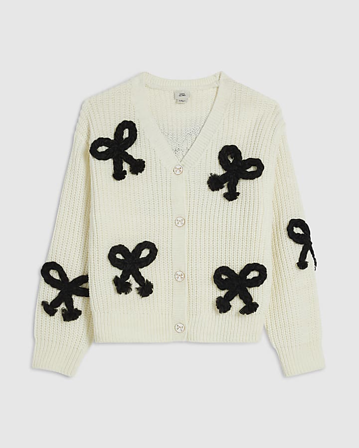 Girls Cream Monochrome 3D Bow Cardigan