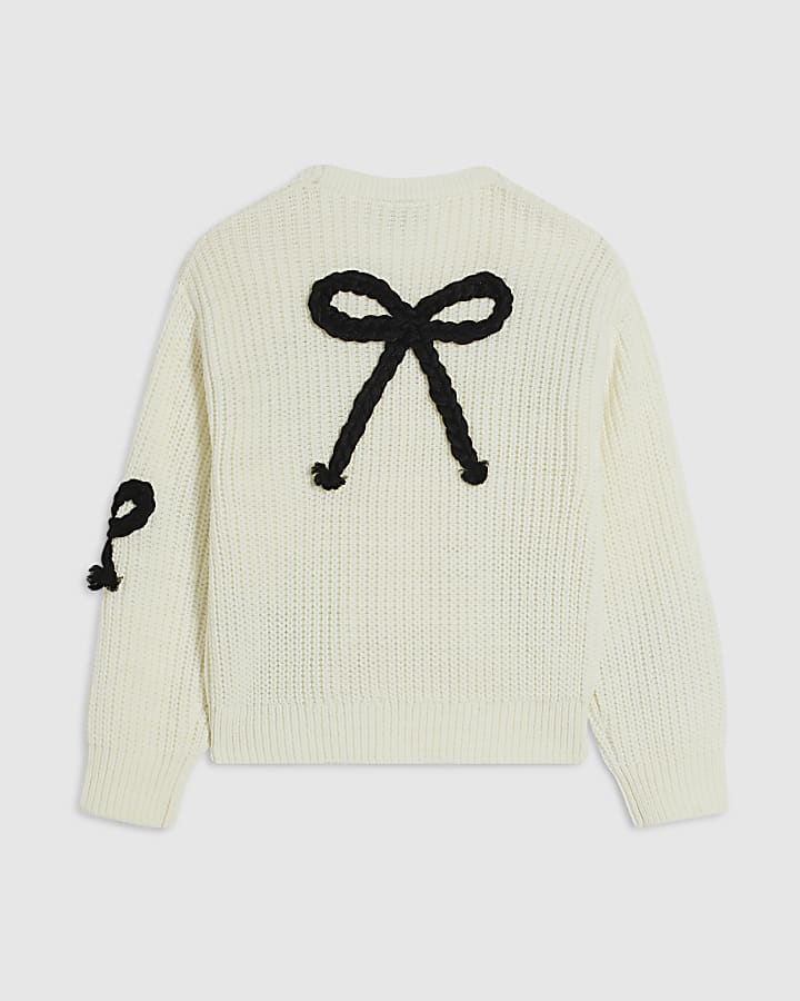 Girls Cream Monochrome 3D Bow Cardigan