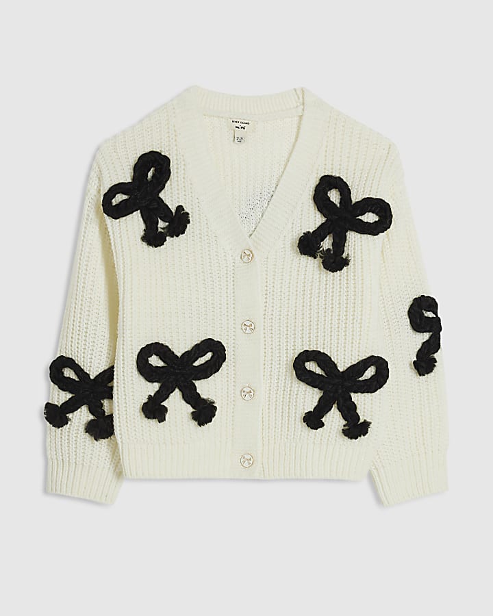 Mini Girls Cream Monochrome 3D Bow Cardigan