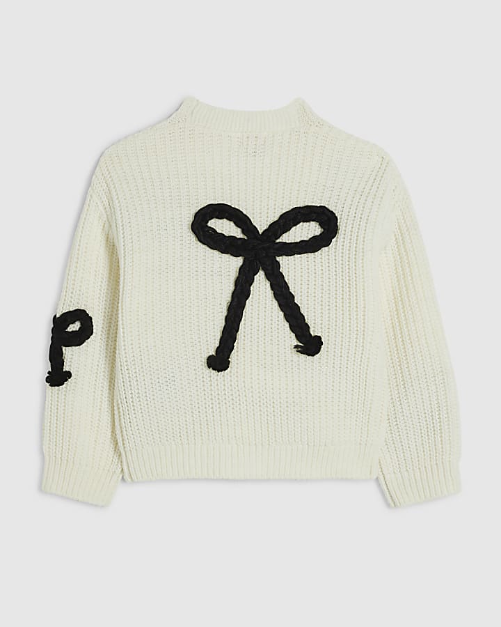 Mini Girls Cream Monochrome 3D Bow Cardigan