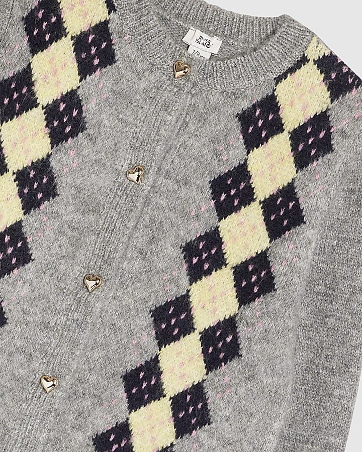 Girls Grey Argyle Cardigan And Skirt Set
