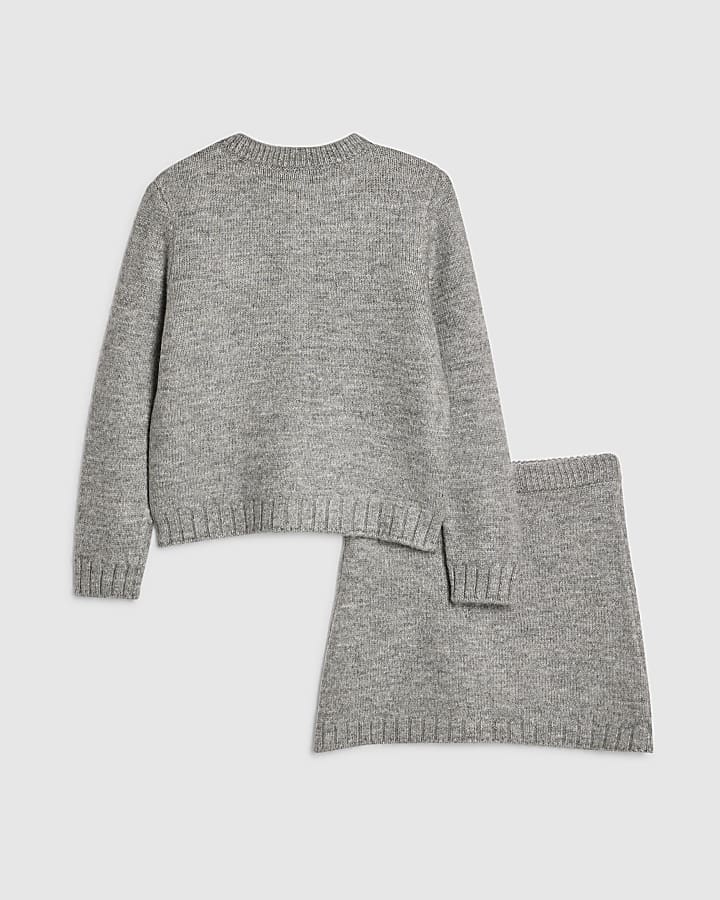 Girls Grey Argyle Cardigan And Skirt Set