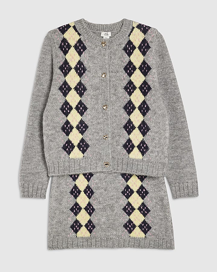Girls Grey Argyle Cardigan And Skirt Set
