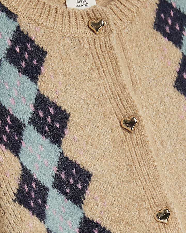 Girls Beige Argyle Cardigan And Skirt Set