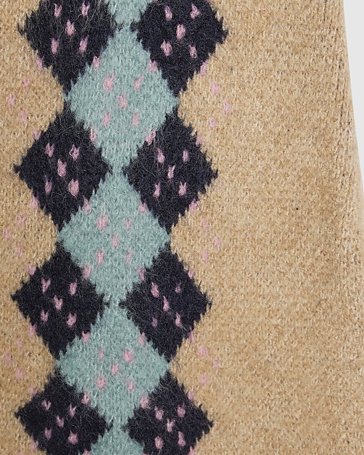 Girls Beige Argyle Cardigan And Skirt Set