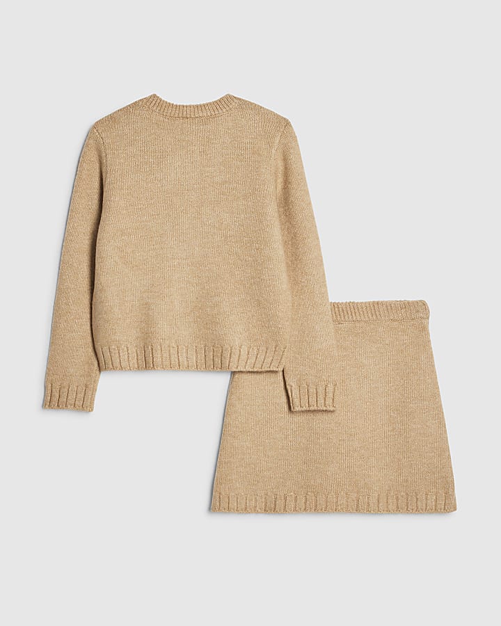 Girls Beige Argyle Cardigan And Skirt Set