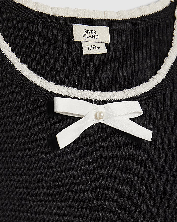 Girls Black Bow Ruffle Trim Knitted T-Shirt
