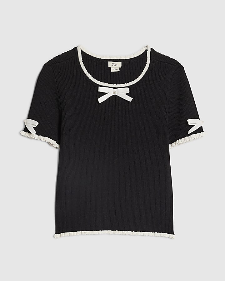 Girls Black Bow Ruffle Trim Knitted T-Shirt