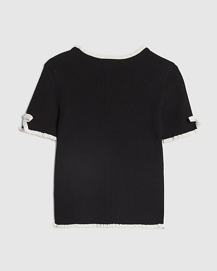 Girls Black Bow Ruffle Trim Knitted T-Shirt