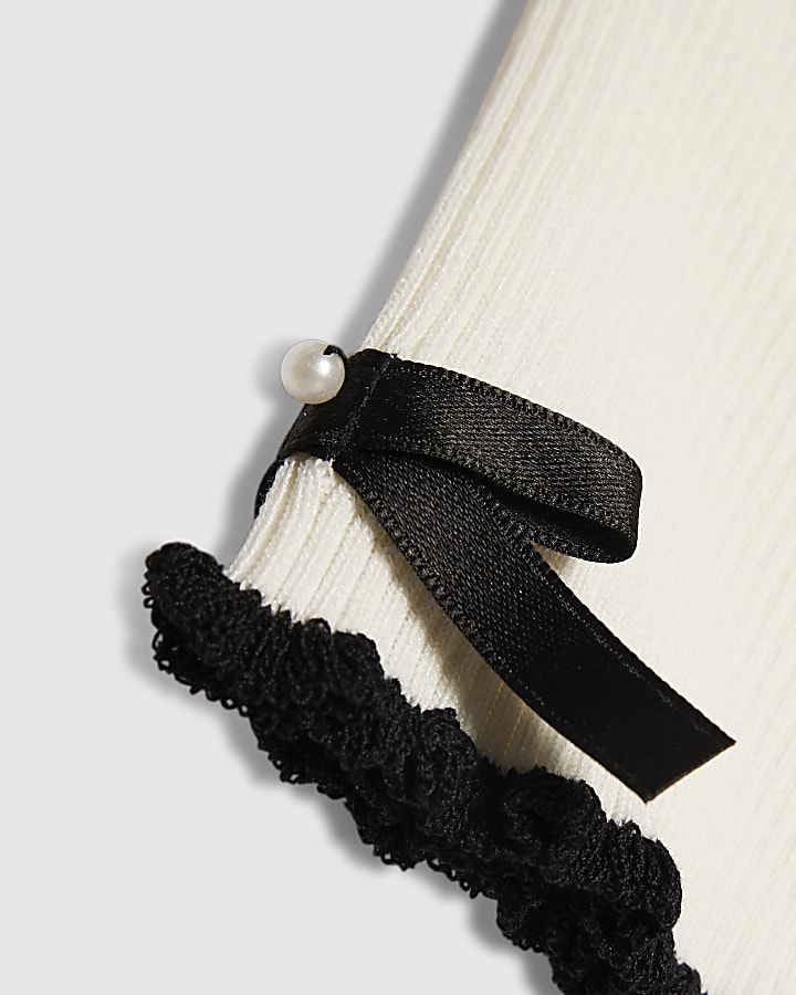 Girls Cream Bow Ruffle Trim Knitted T-Shirt