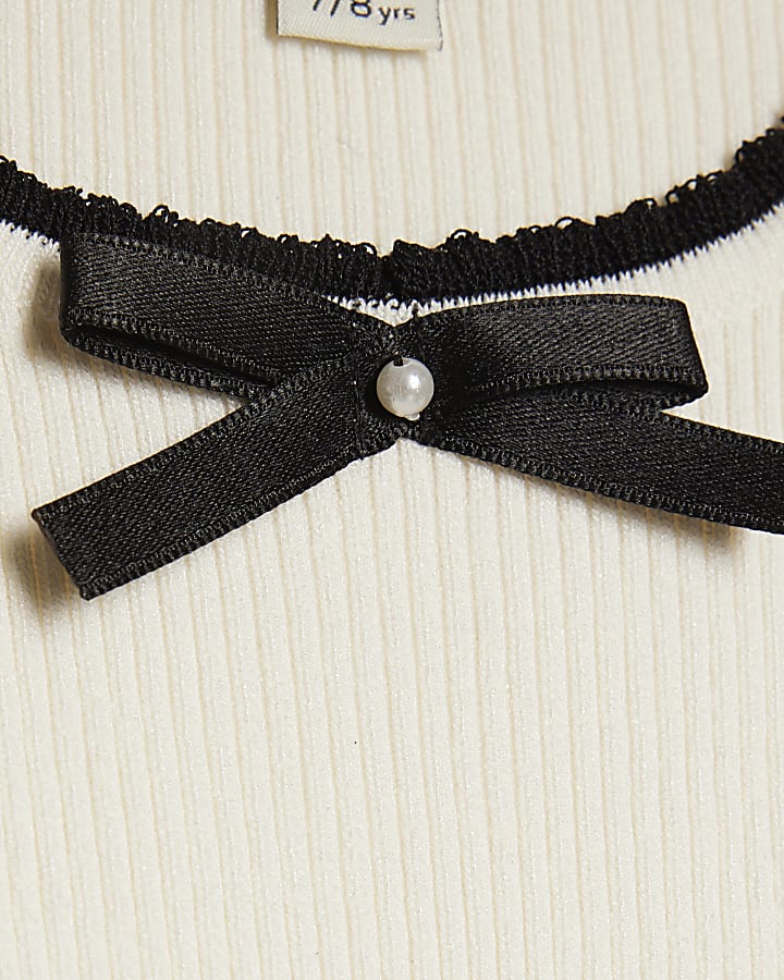 Girls Cream Bow Ruffle Trim Knitted T-Shirt