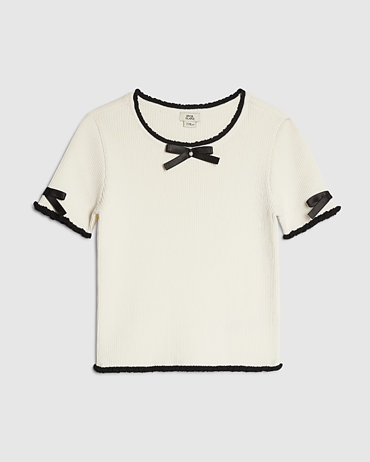 Girls Cream Bow Ruffle Trim Knitted T-Shirt