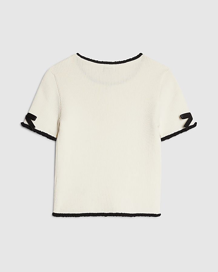 Girls Cream Bow Ruffle Trim Knitted T-Shirt