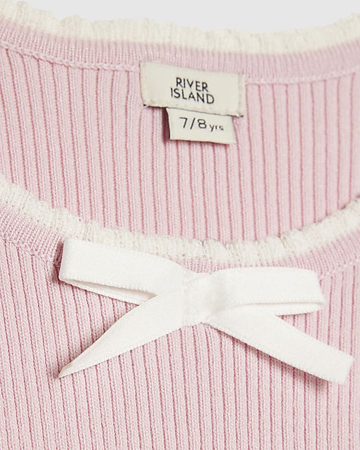 Girls Pink Bow Ruffle Trim Knitted T-Shirt