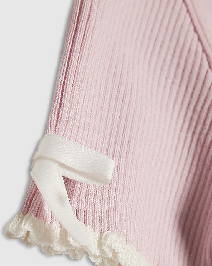Girls Pink Bow Ruffle Trim Knitted T-Shirt