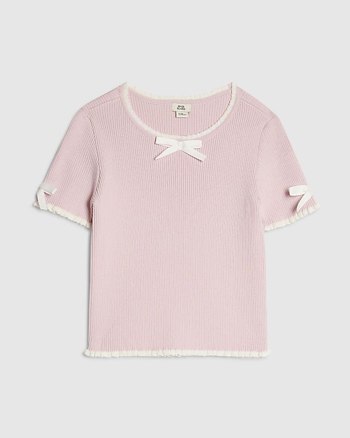 Girls Pink Bow Ruffle Trim Knitted T-Shirt