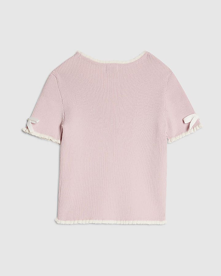 Girls Pink Bow Ruffle Trim Knitted T-Shirt
