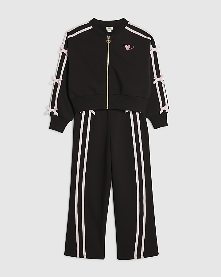Girls Black Bow Taping Tracksuit Set