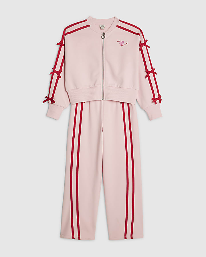 Girls Pink Bow Stripe Taping Tracksuit Set