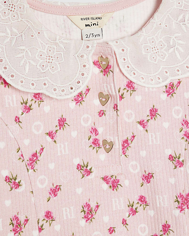 Mini Girls Pink Floral Collar Dress