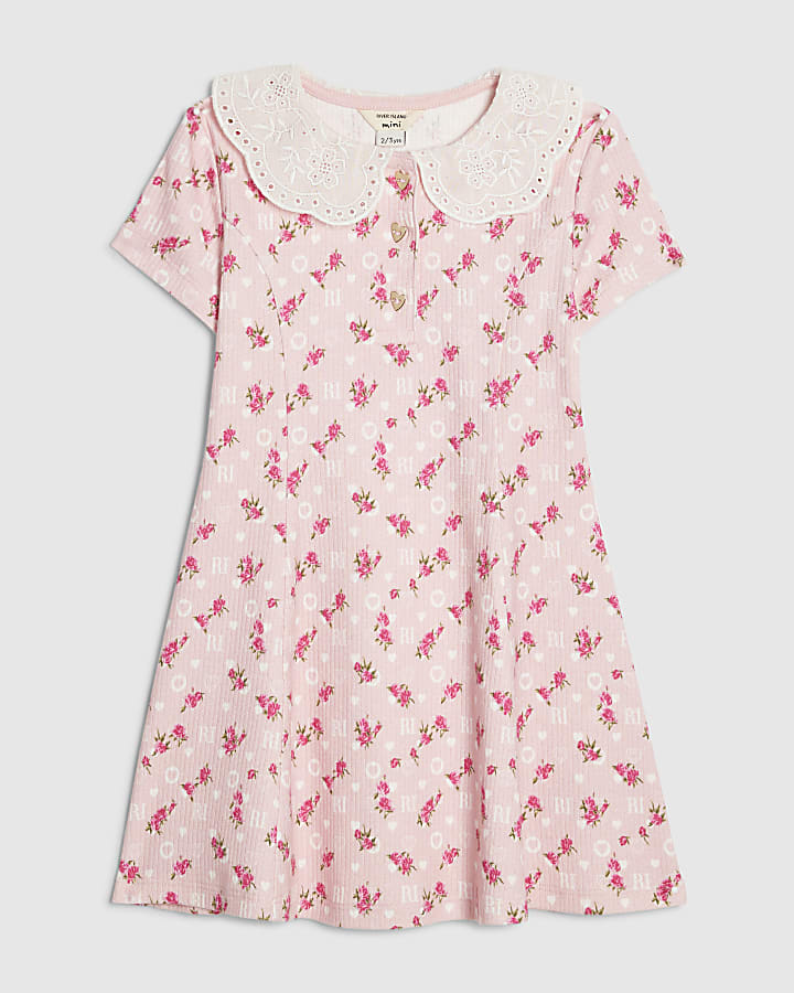 Mini Girls Pink Floral Collar Dress