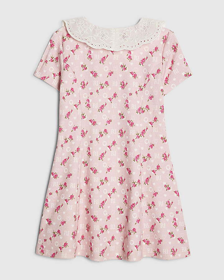 Mini Girls Pink Floral Collar Dress
