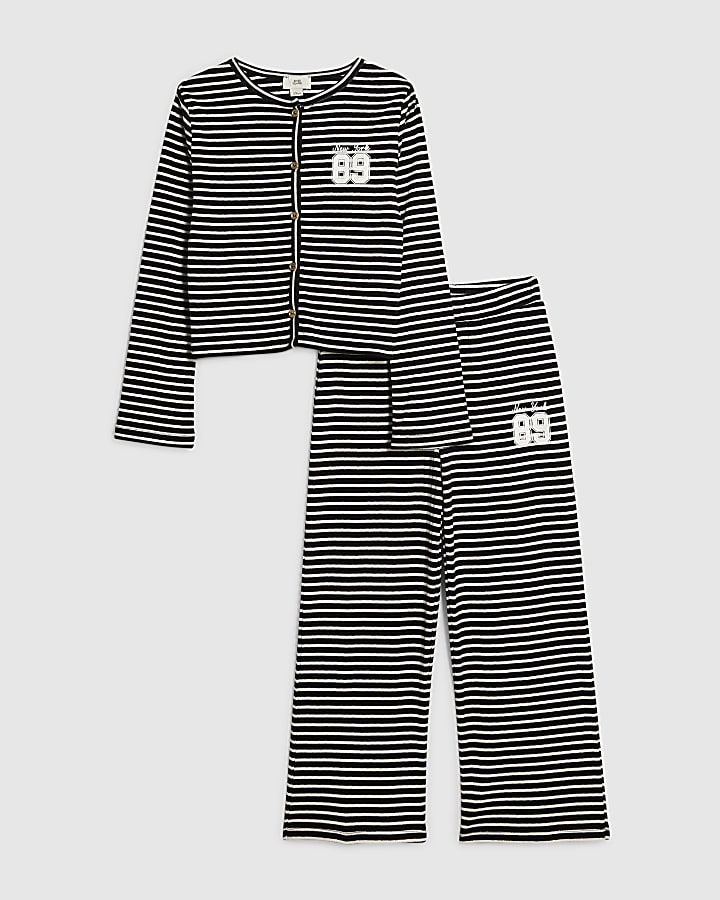 Girls Black Striped Cardigan Set