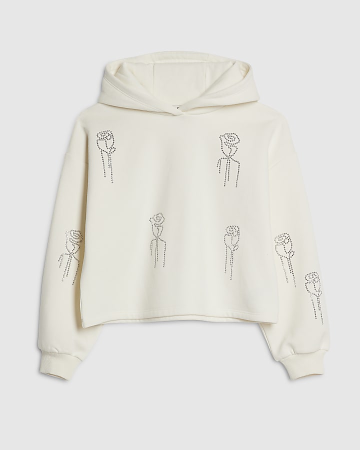 Girls Cream Embellished Hoodie