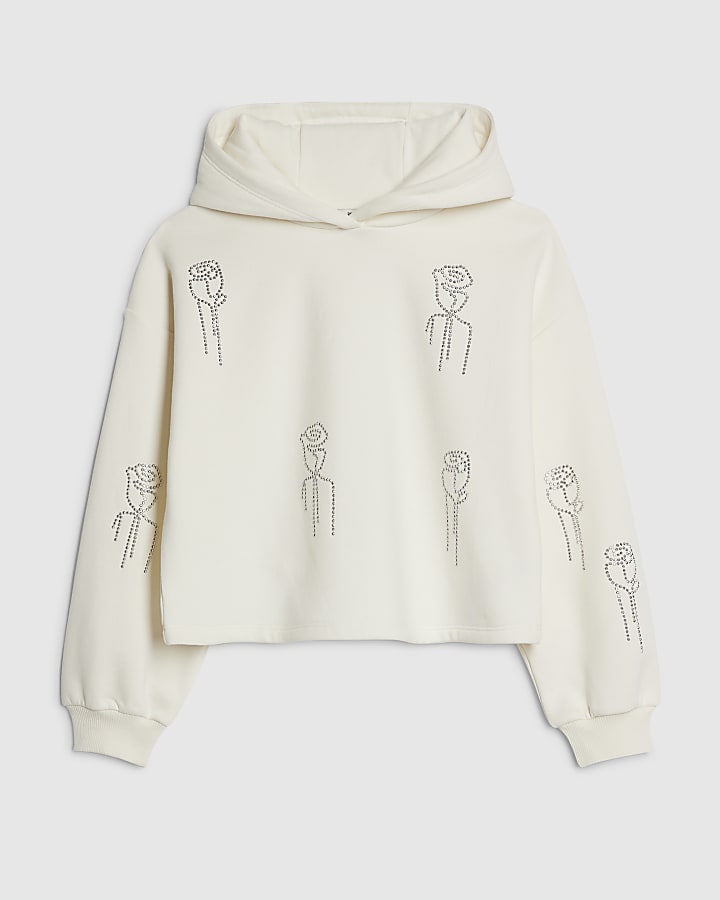 Girls Cream Embellished Hoodie