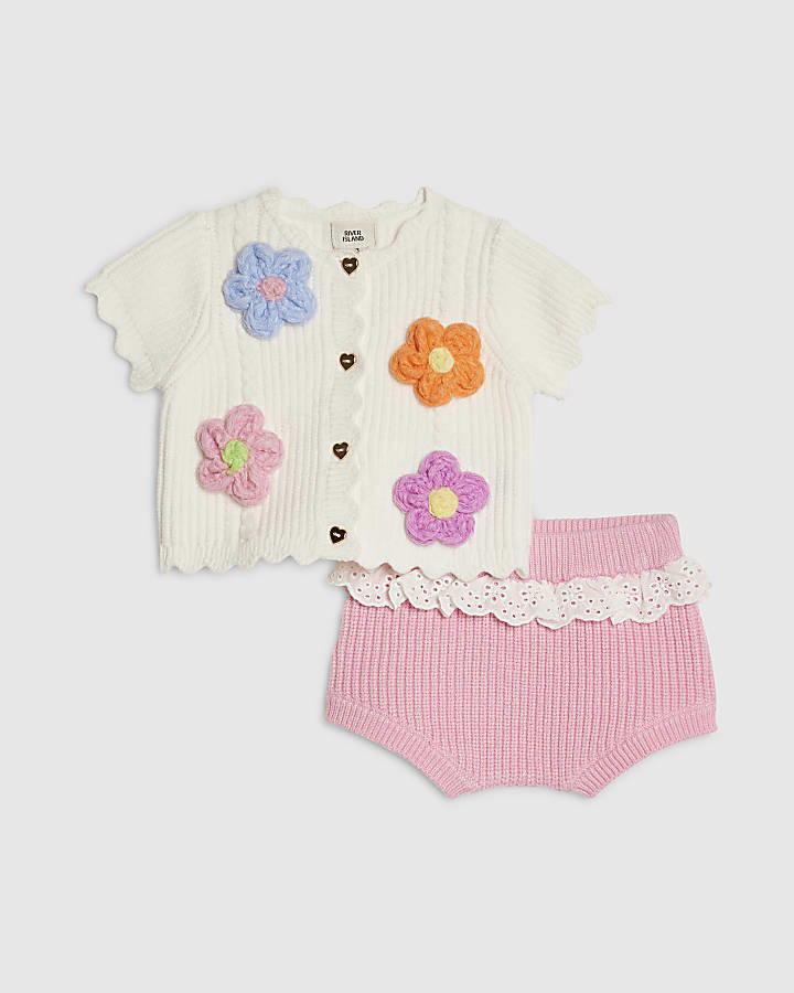 Baby Girls Cream 3D Flower Shorts Set
