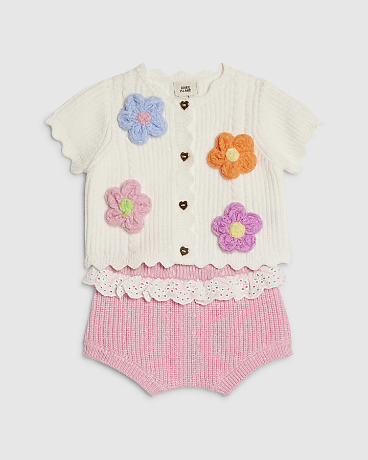 Baby Girls Cream 3D Flower Shorts Set
