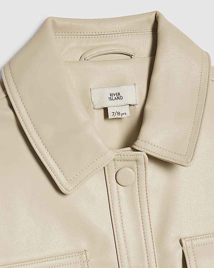 Girls Cream Faux Leather Belted Jacket