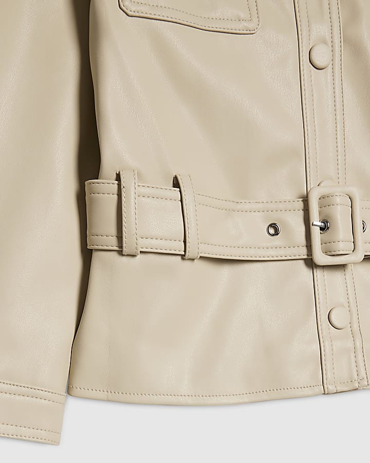 Girls Cream Faux Leather Belted Jacket